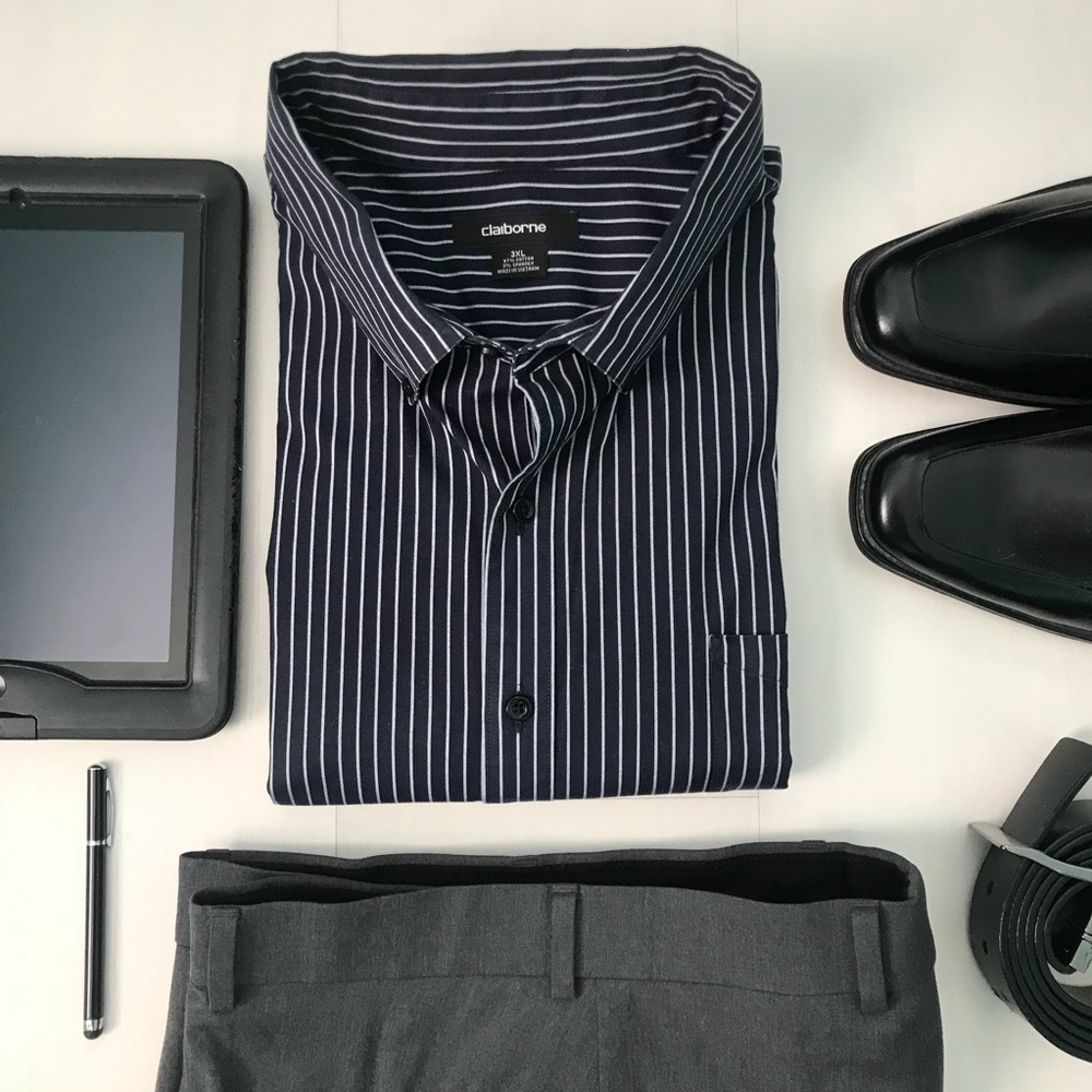 Claiborne | Blue & Grey Striped Dress Shirt